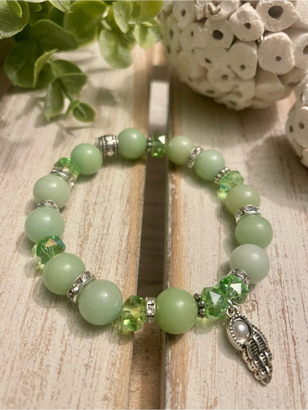 Green Amazonite and Silver Bracelet Shell Charm 10mm handmade beaded bracelet - Picture 5 of 5